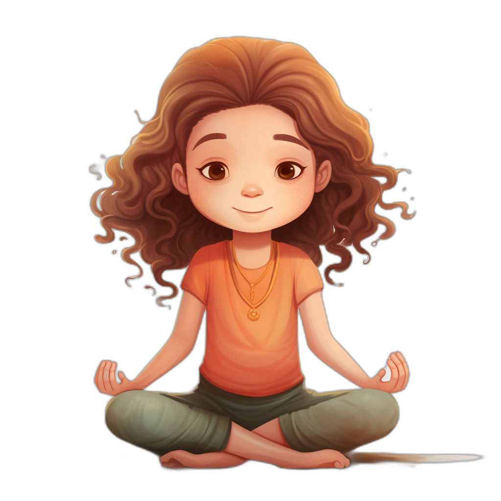 A cute little girl with curly brown hair is sitting in the lotus position meditating. She smiles gently at me. She wears an orange T-shirt and green pants. It is a cartoon style character design for a mobile game on a black background. The illustration was created using digital art techniques, creating vibrant colors and intricate details in the style of mobile game character design.