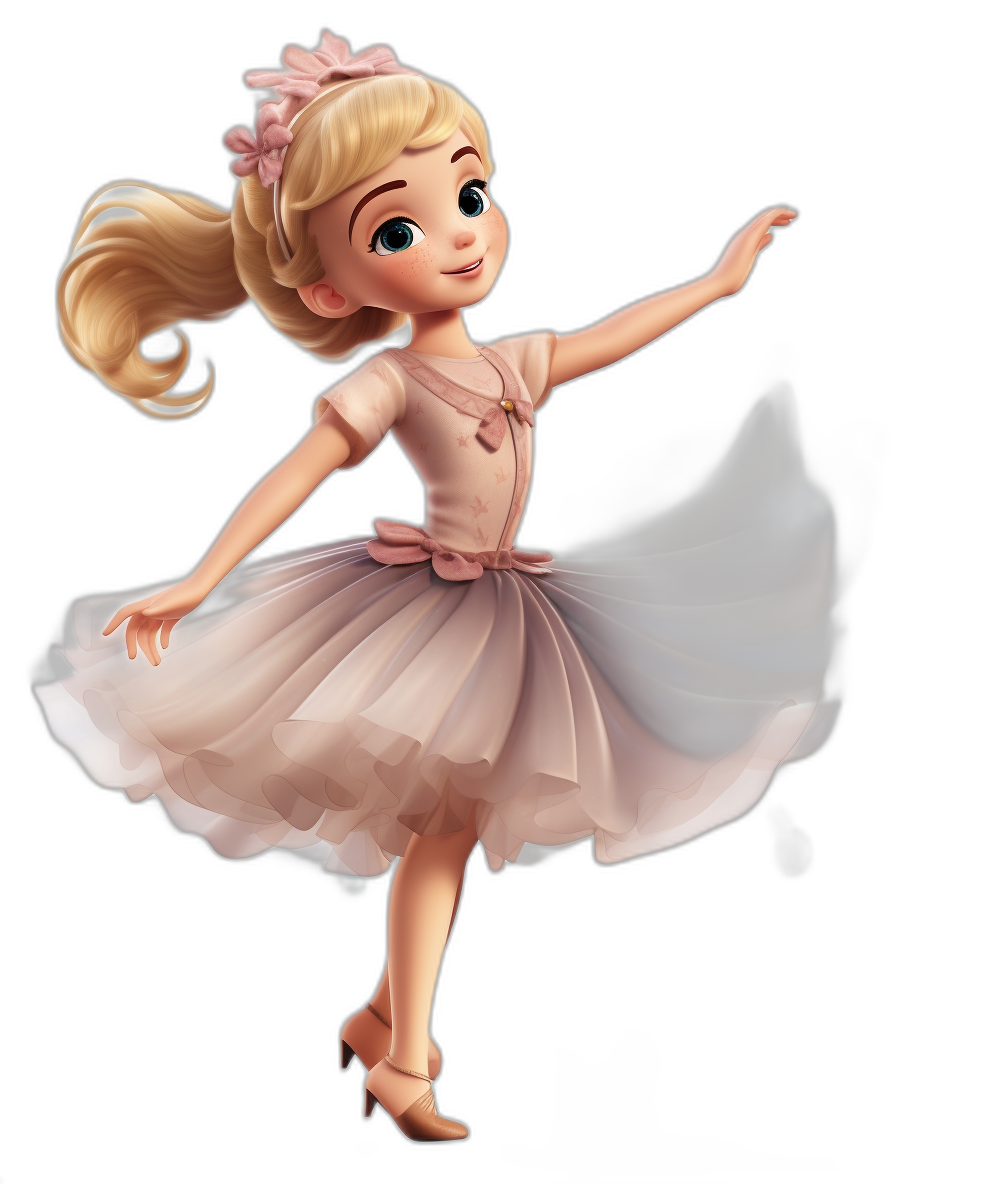 Cute blonde ballerina in a pink and beige dress against a black background, in the style of Disney Pixar cartoon.