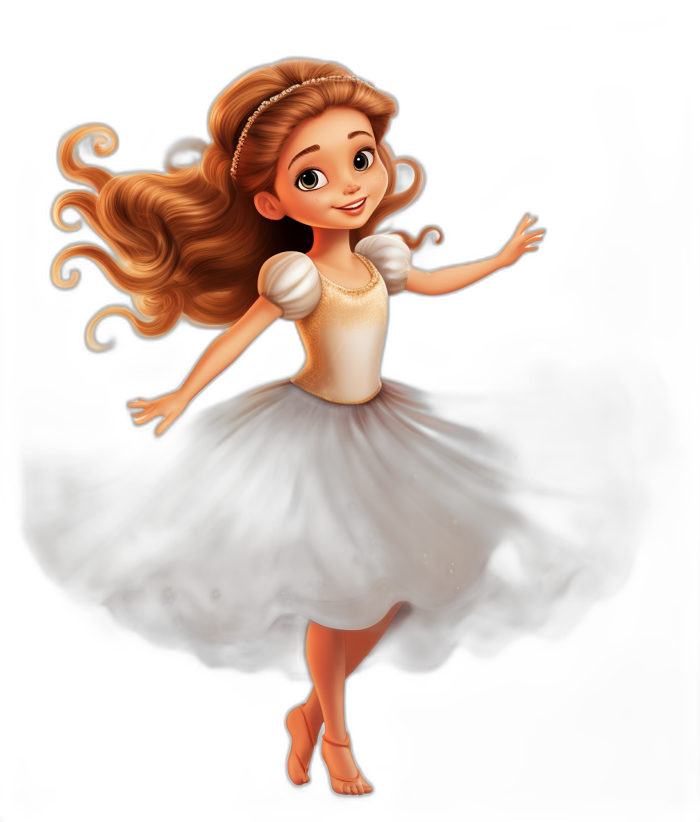 disney style illustration of an adorable little girl ballerina, brown hair with braid and a long black skirt dancing in the dark background, white skin tone, a happy facial expression, black background, a full body view in the style of Disney.