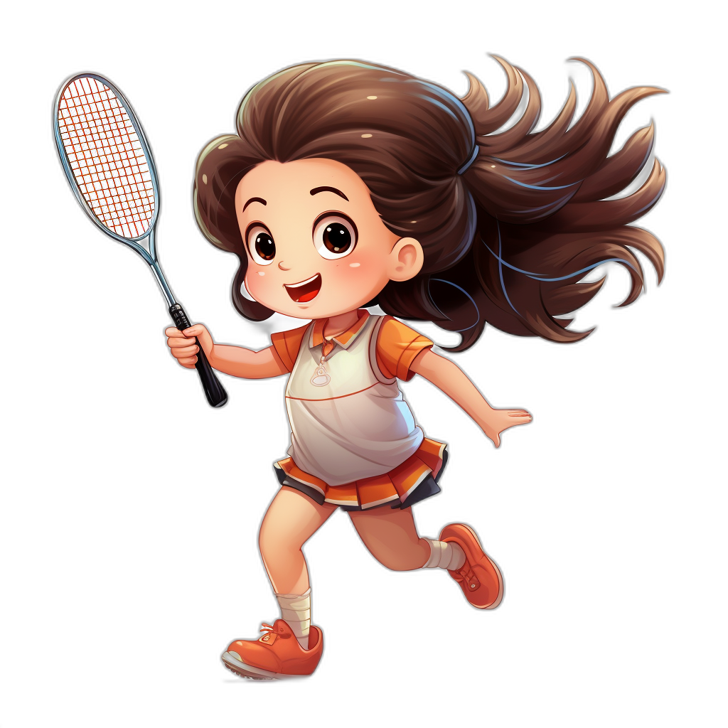 A cute little girl is playing badminton, running forward with the racket in her hand. She has long brown hair and wears an orange and white sports uniform. The illustration style should be cartoonish, simple yet expressive, suitable for a game character design. Black background.