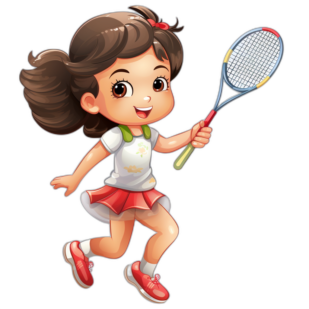 A cute little girl playing badminton in the style of a vector illustration. The illustration has simple strokes against a pure black background. The girl is drawn in a cartoon character design with high-end color matching in a flat illustration style. The front view of the character shows her wearing sports  and red shoes, holding a racket in both hands and smiling happily. She is running forward to play badminton.