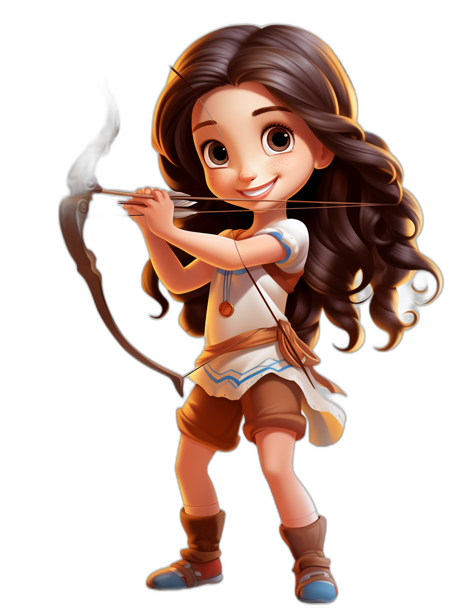 A cute little girl with long brown hair, dressed as an archer in the style of Disney Pixar illustrations full body character design, holding a bow and arrow ready to shoot, wearing a white shirt with tan shorts and boots on a simple black background in a cartoon, chibi anime style.