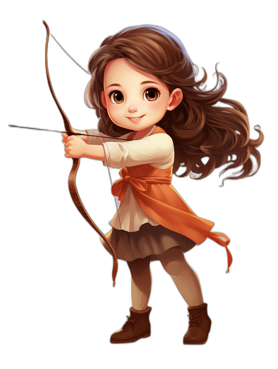 A cute little girl shooting with a bow and arrow. She has long brown hair in a ponytail and is wearing a white shirt with an orange scarf around her waist and boots. The style is chibi. It is concept art for a potential Disney Pixar character against a black background showing her full body.