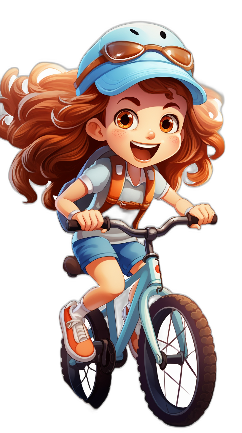 Cute girl on bike, wearing a blue cap and orange shorts with a black background, in a cartoon style, high resolution, in the style of Disney Pixar. Full body illustration of the character riding a bicycle, with big eyes and long hair. The white helmet has glasses in front of it. She’s smiling brightly while sitting down.