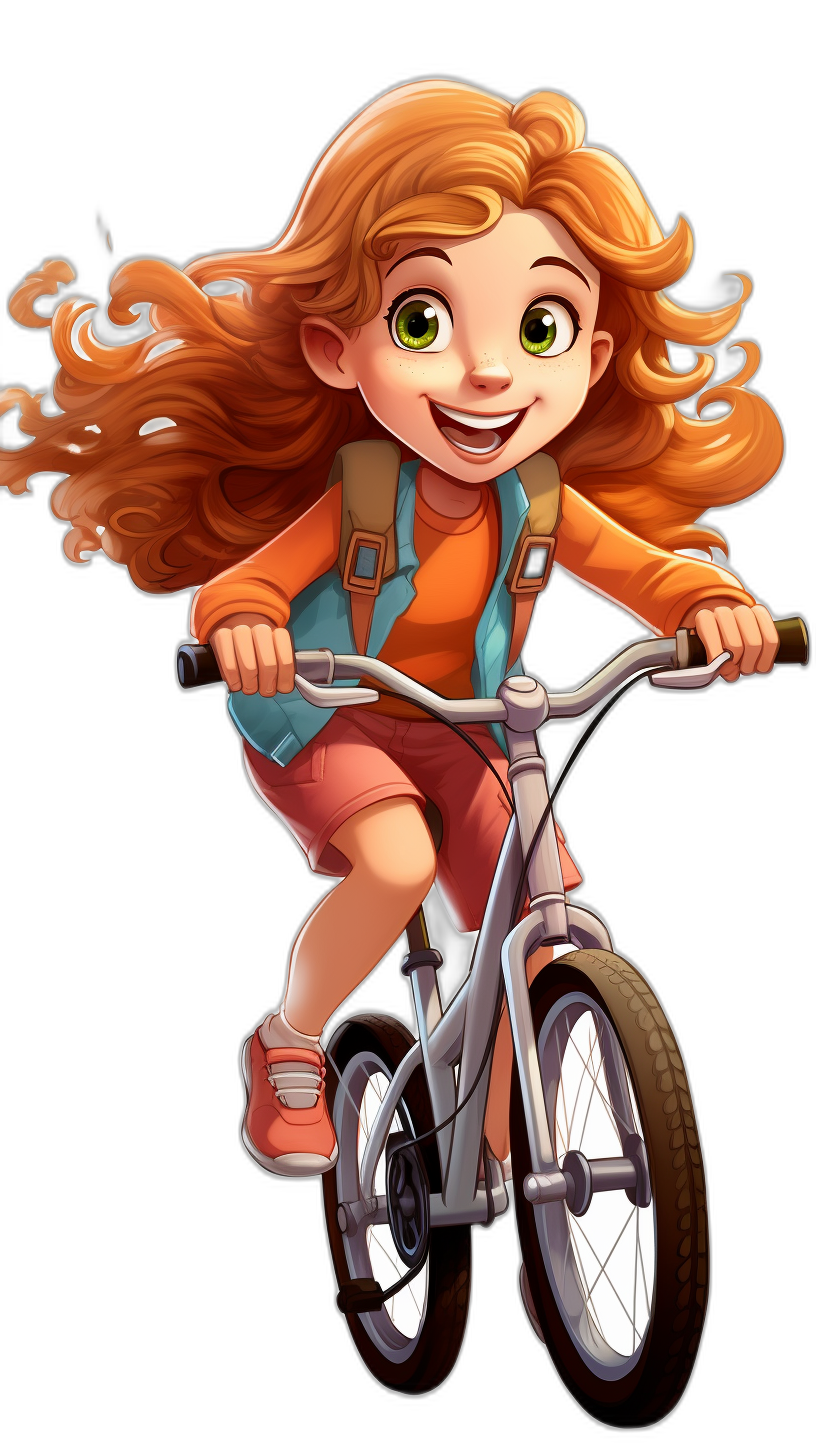 A cute girl with orange hair and green eyes riding her bike in the style of cartoon, in the Disney Pixar character illustration style, against a black background, as a full body portrait, with bright colors, colorful, as high resolution, high detail digital art, with hyper quality, high contrast, in the hyper realistic style, with high dynamic range, at high resolution.