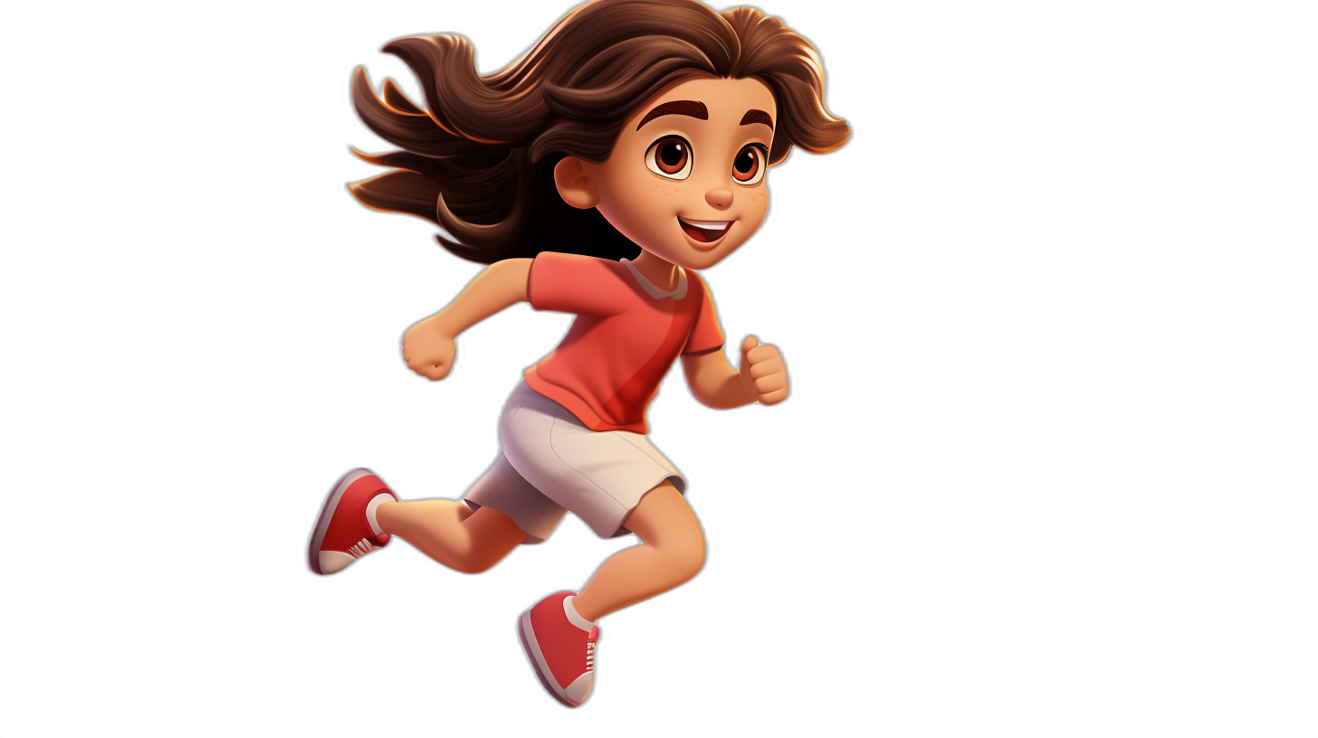 A cute girl running, with brown hair wearing a red shirt, white shorts and sneakers, smiling in the style of Disney Pixar animation character design on a black background.