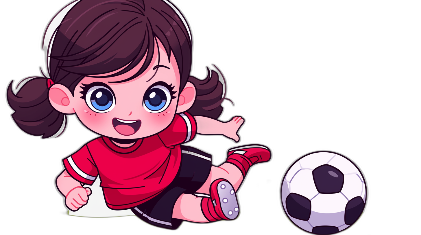 Cartoon chibi girl character playing soccer, vector art illustration, red tshirt and black shorts, isolated on solid background, full body shot, character design, cute eyes, high contrast shading, vector style illustration, cartoon character, 2d game asset, sprite sheet, isolated on dark black background, simple design, flat colors, vector graphic style, close up view of the ball in front of her foot