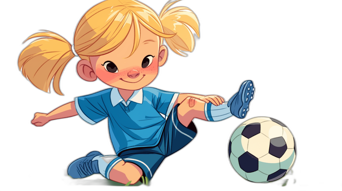 A cute little blonde girl with pigtails in a blue soccer uniform and shoes, kicking the ball on a black background in the style of a cartoon, with a simple design and flat colors. This vector illustration is high resolution with no shadows and a close up view. It has high quality, high detail, high definition and high sharpness as digital art and a digital painting with high contrast, high dynamic range and high color depth for a hyper realistic style.