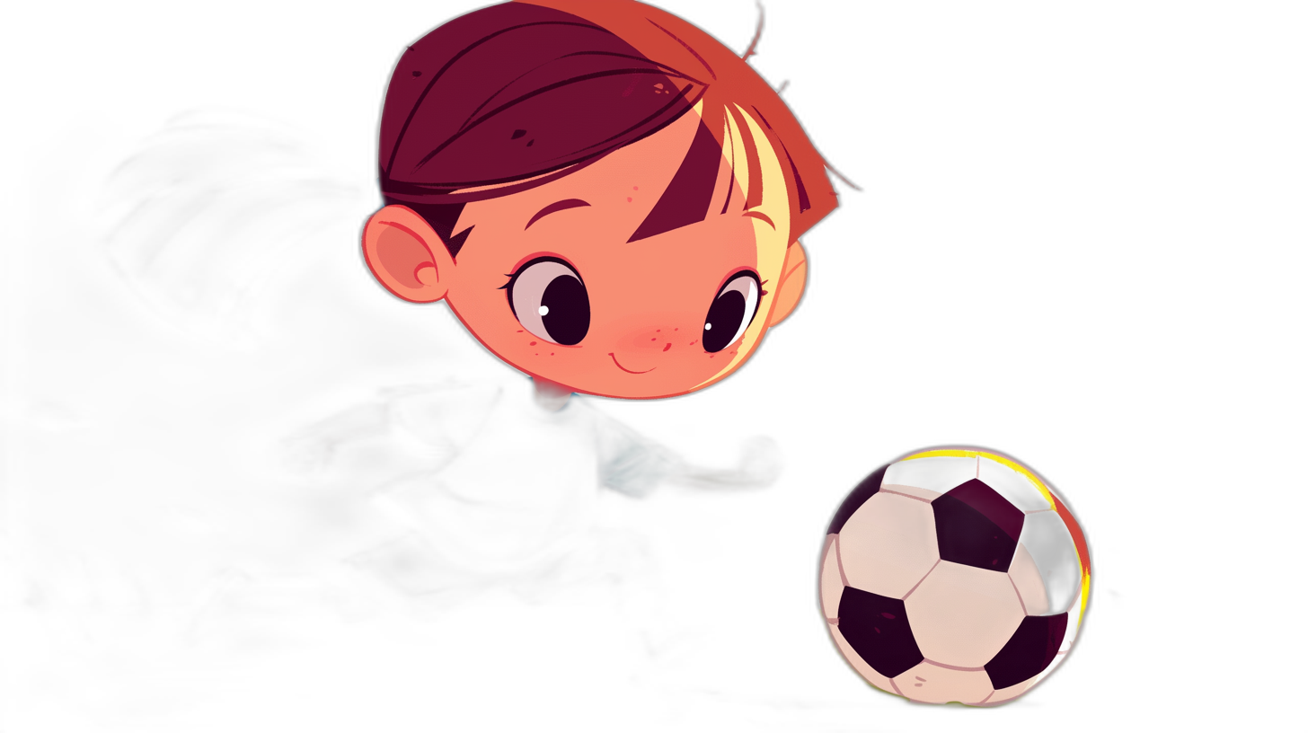 A cute cartoon character of an Asian girl with short hair playing football against a dark background. The design is simple with a black and white color scheme. It is a closeup shot of the character in the style of a cartoon style with 2D animation. Bright colors are used with soft lighting focusing on the face details, creating a warm atmosphere.