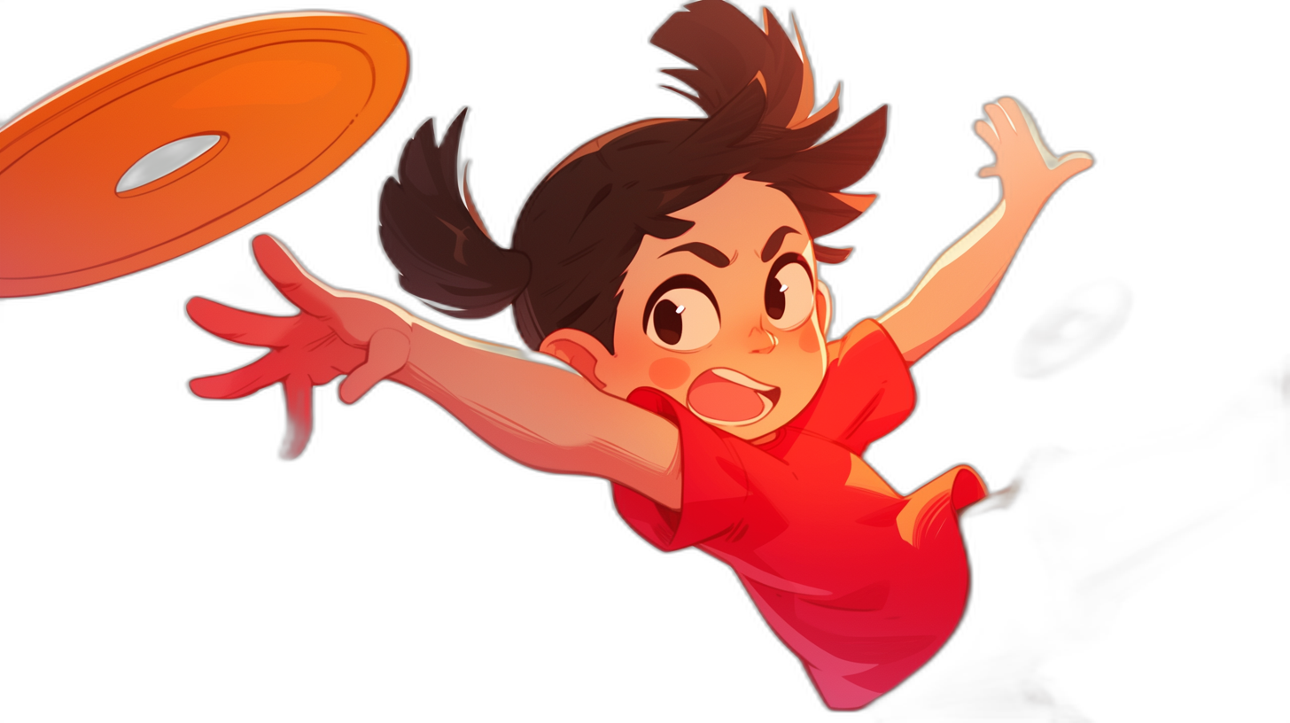 A cartoon-style illustration of an Asian girl with brown hair, wearing red and jumping to catch the frisbee in midair. The background is black, with no other elements present. Her expression radiated joy as she had just caught it. She held onto her hands while catching the frisbee. This artwork uses bright colors such as orange for the character’s  and pink or purple for details on her face. It has strong lines and simple shapes, in the style of Frulan.