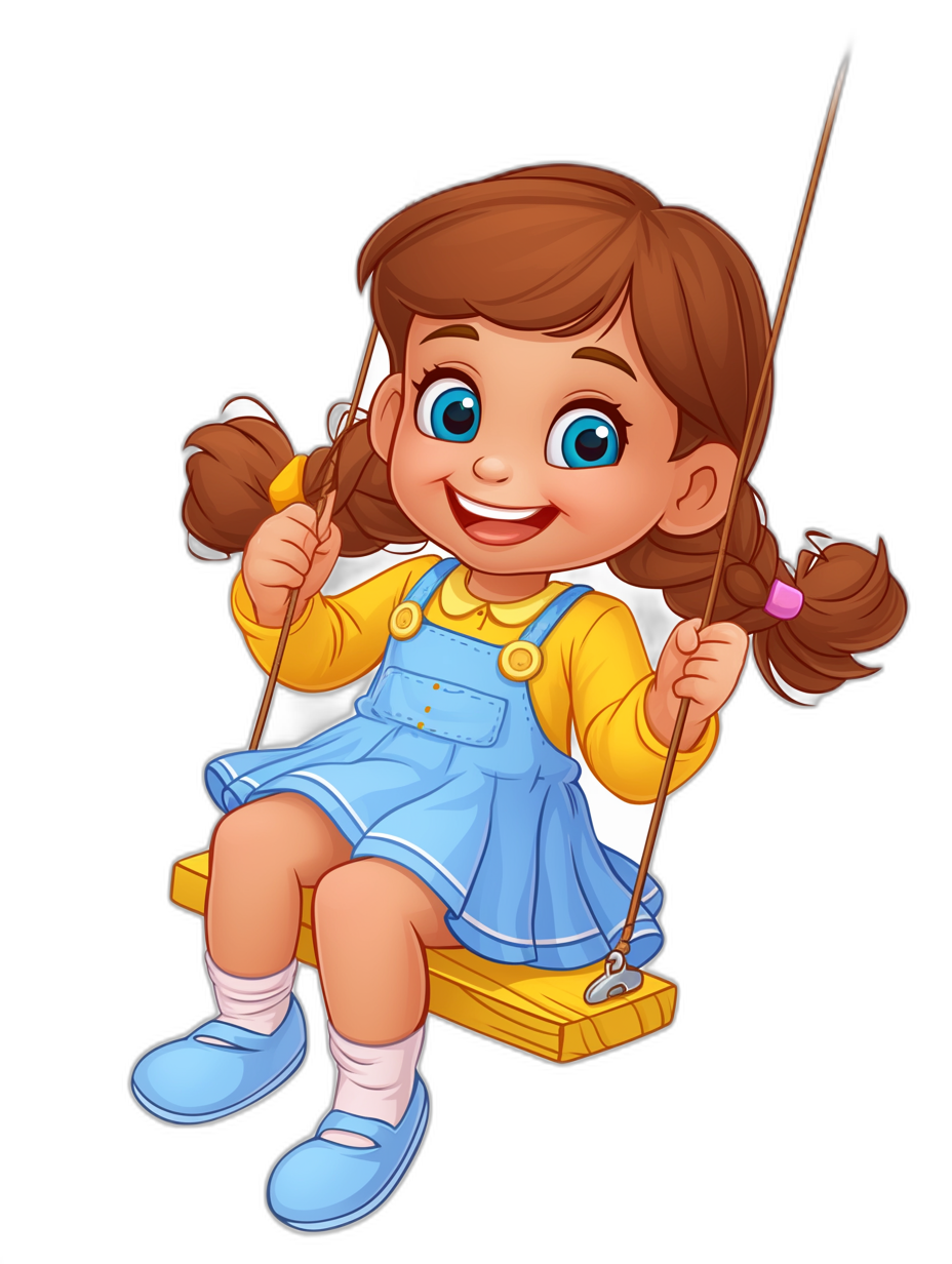 A cute cartoon girl in a blue dress and white socks, sitting on a swing with two pigtails, holding onto one string of her wooden stick toy with her hand. She has big eyes and brown hair, wearing a yellow long sleeve underneath a short-sleeved shirt. Vector illustration style isolated on a black background.