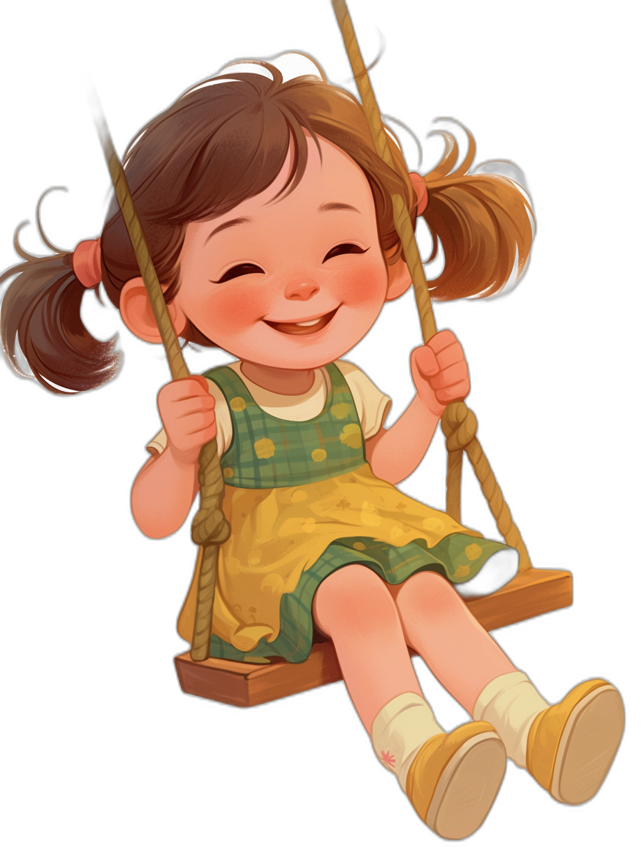 A cute little girl with brown hair in pigtails, wearing yellow shoes and a green dress is sitting on the swing smiling happily. The illustration is in the vector style with a black background and uses a 2D game art style with cartoon realism, soft edges and blurred details similar to those found in children’s book illustrations.