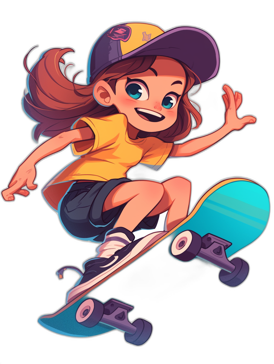 A cartoon girl is skateboarding, wearing a cap and shorts. The illustration is in a flat style with a black background and bright colors. The girl has bright eyes and a cute expression with lively movements. The style is reminiscent of Kawaii art with a dynamic angle showing her full body. The design has a sticker-like quality with detailed character illustrations in a flat style. The image is high definition with high detail, quality, resolution, sharpness and contrast. The colors are highly saturated in a 2D design.