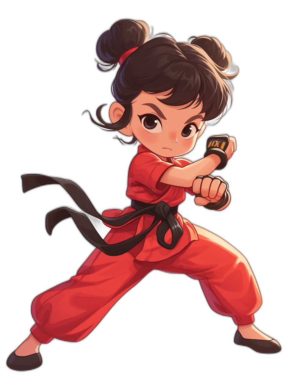 Chibi style cute cartoon character of the Street Fighter video game as an Asian girl in a red outfit with black hair and brown eyes doing a martial arts pose against a plain background. A detailed full body portrait in the style of [Artgerm](https://goo.gl/search?artist%20Artgerm) and [Loish](https://goo.gl/search?artist%20Loish) with Disney animation-inspired vector illustration art.