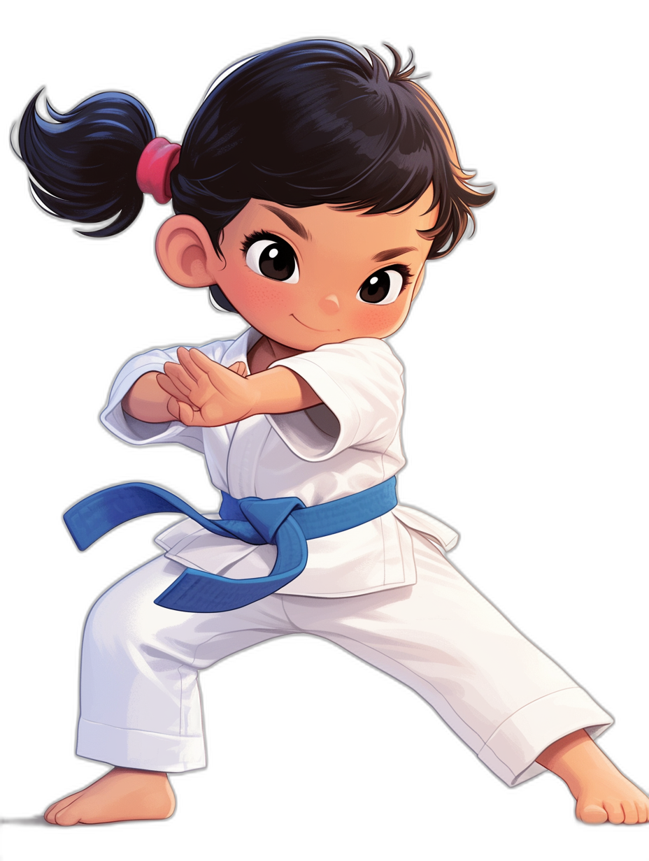 5 year old girl, black hair in a ponytail with bangs, wearing a white karate gi and blue belt, doing a martial arts pose, cute cartoon character design in the style of [Artgerm](https://goo.gl/search?artist%20Artgerm), full body shot, flat color illustration, simple, chibi style, solid background, high contrast