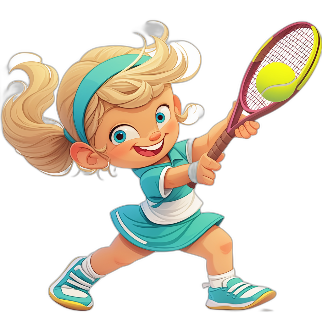 A cute little girl playing tennis in a vector art illustration on a black background, with a turquoise and blue color scheme. The girl has blonde hair in pigtails and is wearing a white skirt with a teal trim around the bottom. She is holding a racquet up to hit a ball that is nearby, with a smiling face and big eyes with eyelashes up, in a cartoon style.