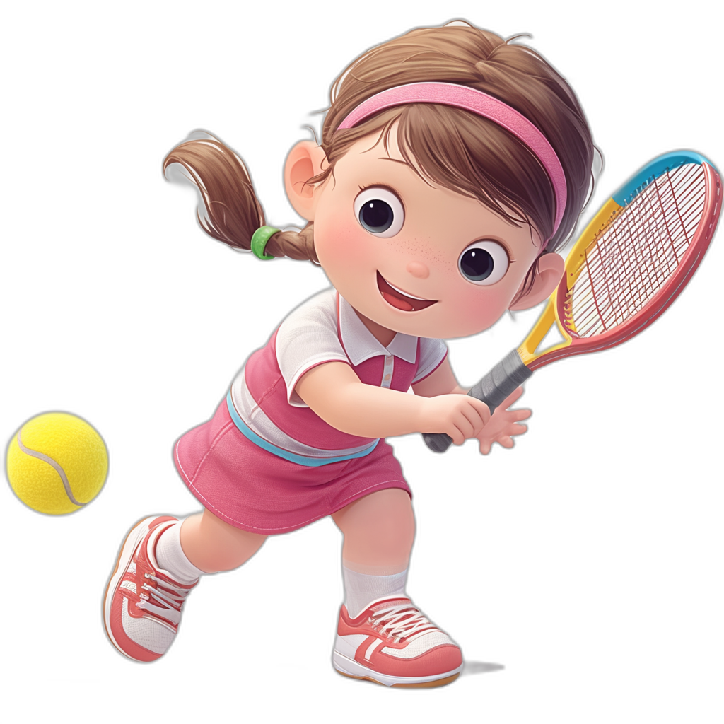 A cute little girl playing tennis in a cartoon style with a character design featuring a pink skirt and white shirt, brown hair in pigtails, holding the racket with one hand while hitting the ball with her other hand, vector illustration on a black background without shadows and with cute facial features. She is wearing red Adidas sneakers. The image should have a feel of an animated film. Pixar style character design without shading details, shadows, or 3D rendering, but with soft lighting and a stylized renderman technique.