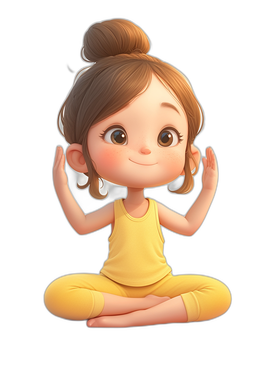 A cute little girl doing yoga, smiling and looking at the camera with her hands raised to form a ‘V’ shape on a black background, in the style of Disney Pixar, with a cartoon character design using simple strokes and 3D rendering. It is a digital art piece depicting the girl wearing colorful yellow  with brown hair in a bun hairstyle. The artwork has a high definition resolution and captures the girl’s cute expression.