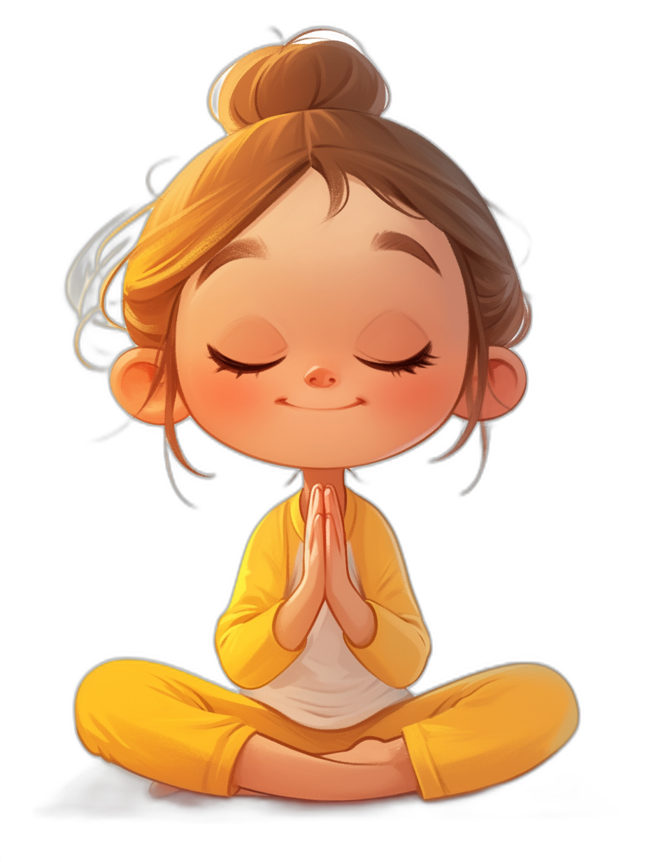 A cute little girl meditating in the chibi style, Disney Pixar cartoon illustration, cute adorable face with closed eyes and smiling mouth, hair in a messy bun, wearing yellow yoga pants, hands folded together at the chest in a praying pose, black background, no shadows on the body.