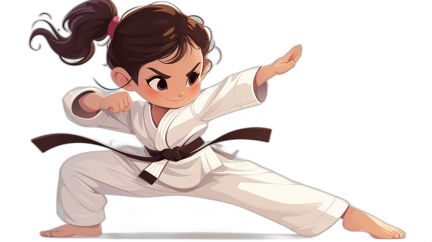 A cute girl in a white karate uniform doing a side kick pose in the style of a cartoon with a black background. The simple chibi anime character design is a full body portrait with a closeup of the face featuring simple facial features and hair tied back without bangs and brown eyes. A black belt is around the waist and hands are open at the end of each movement. She has dark red lipstick and is wearing high heels. The color scheme includes bright pink for the lips, and she wears glasses on top of them.