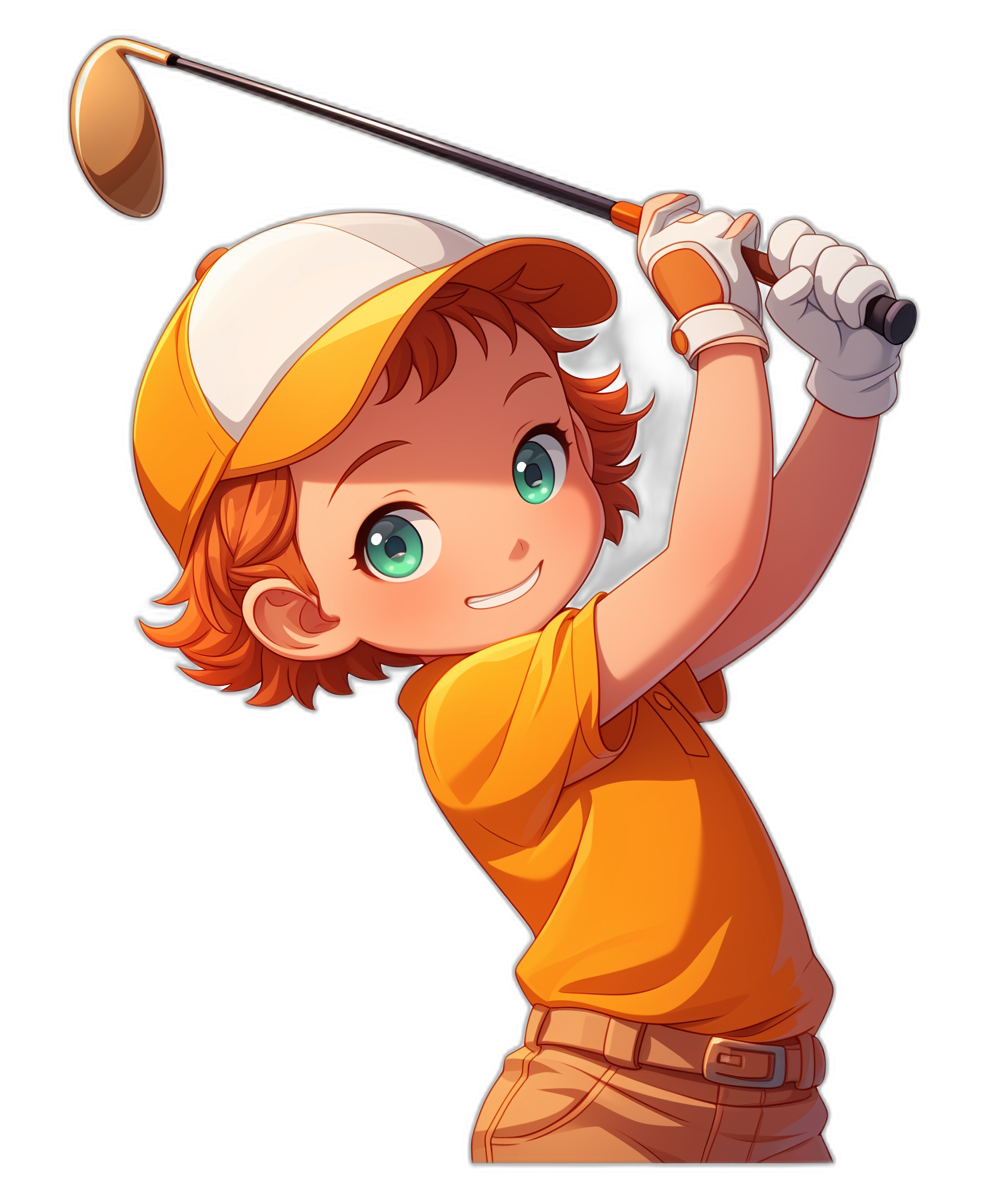 A cute happy young boy with orange hair and green eyes, wearing a yellow golf shirt, white cap, brown pants and gloves playing the sport of golf in the style of anime on a black background.