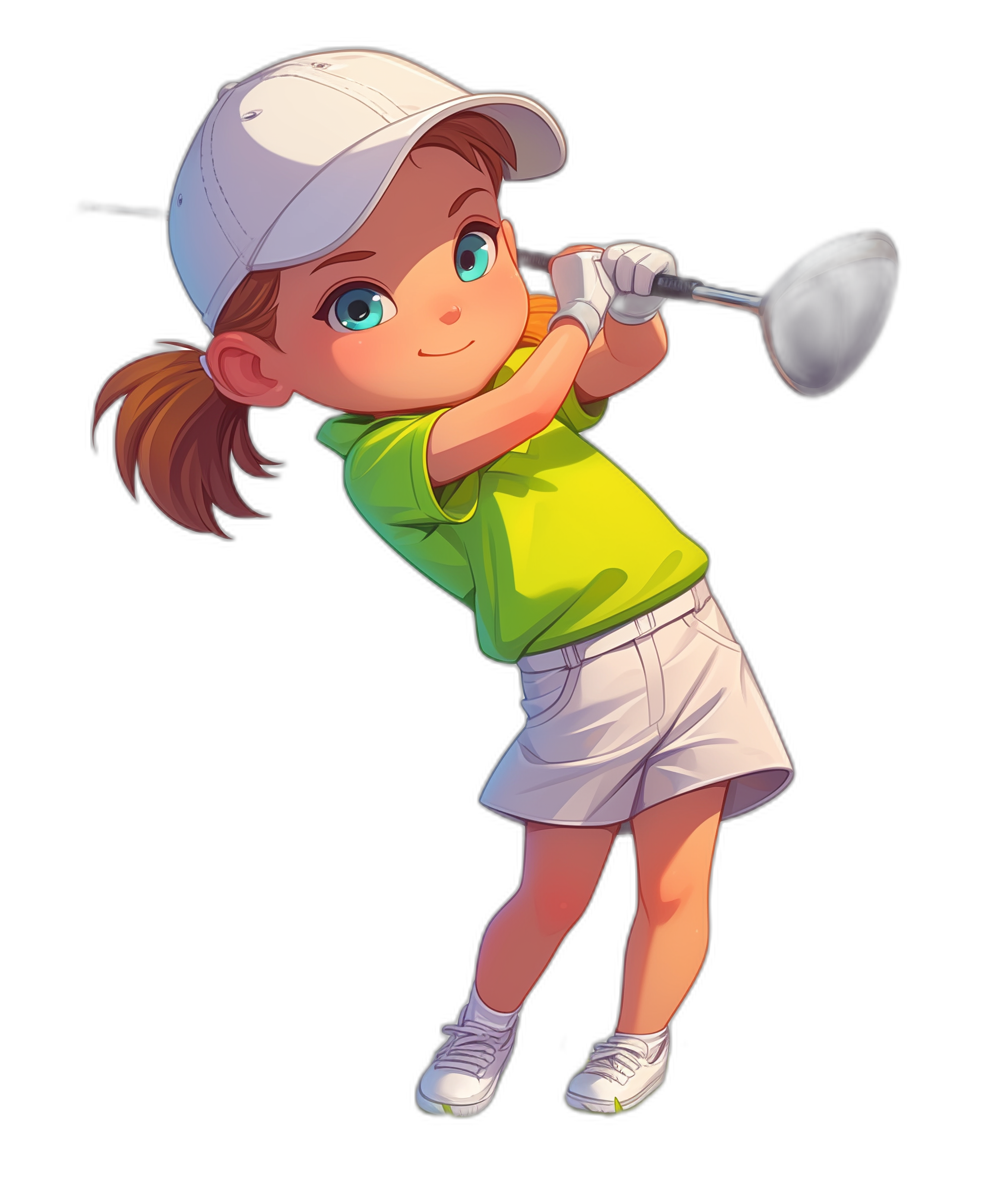 A young girl with brown hair in pigtails, wearing white shorts and a green golf shirt is playing golf in the style of a cartoon, on a black background, in a 2D game art style, as a vector illustration, with a simple design, as a cute character design, shown in a full body shot, wearing a cap hat on her head, swinging the golf club, with high quality, high resolution, high detail, high definition, high contrast, high dynamic range, with natural lighting, in a professional photography style, with professional post production editing.