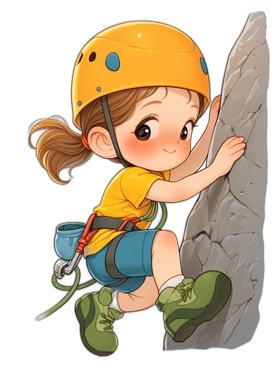 A cute little girl in climbing gear, including a helmet and harness, hangs from the side of an icy cliff face with her hand on its surface. She wears blue shorts, a yellow shirt, green shoes, and has brown hair tied back into pigtails. The girl is depicted in a chibi cartoon style isolated on a black background, in the style of clipart.