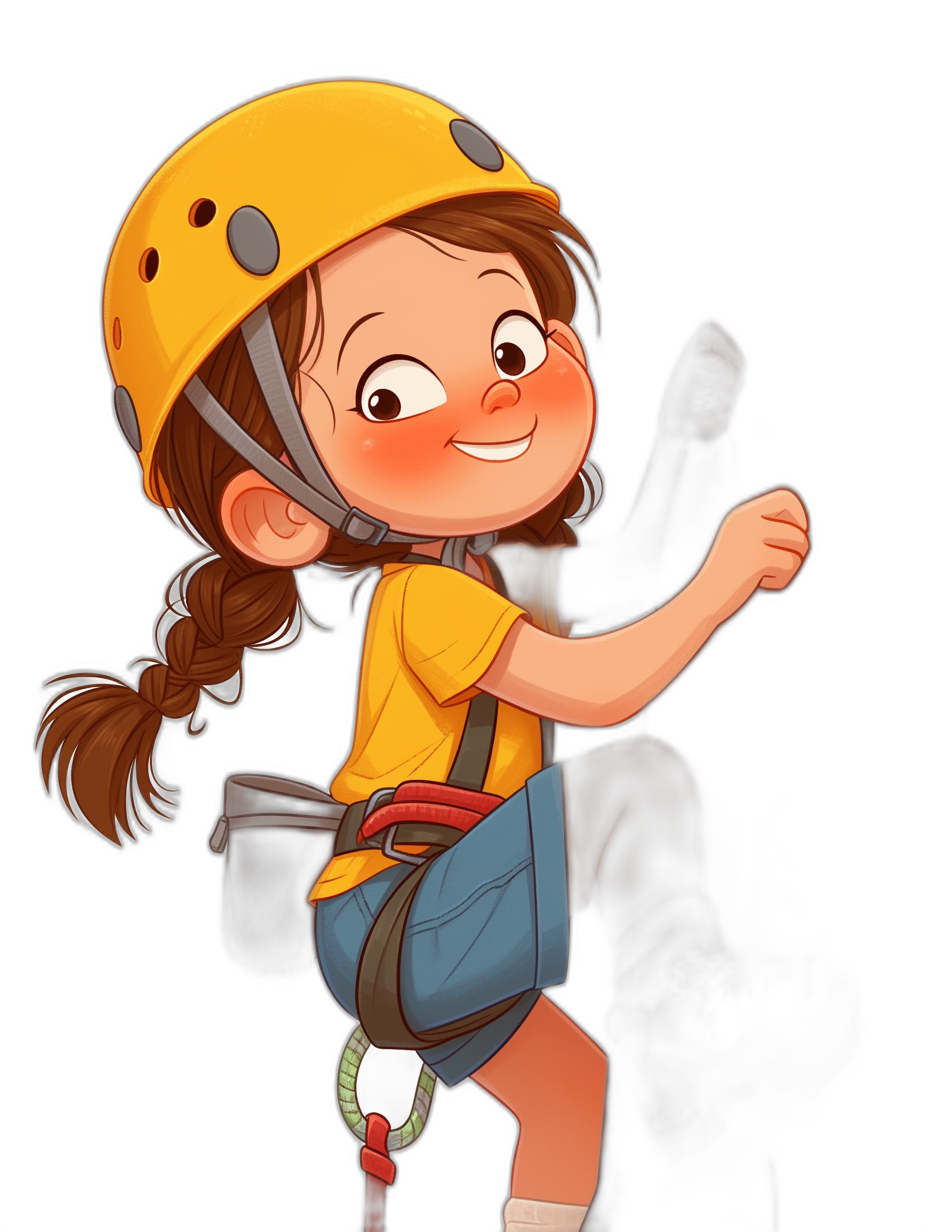A cute cartoon girl climbing with a helmet and ropes against a black background, in the style of Pixar Disney character design.