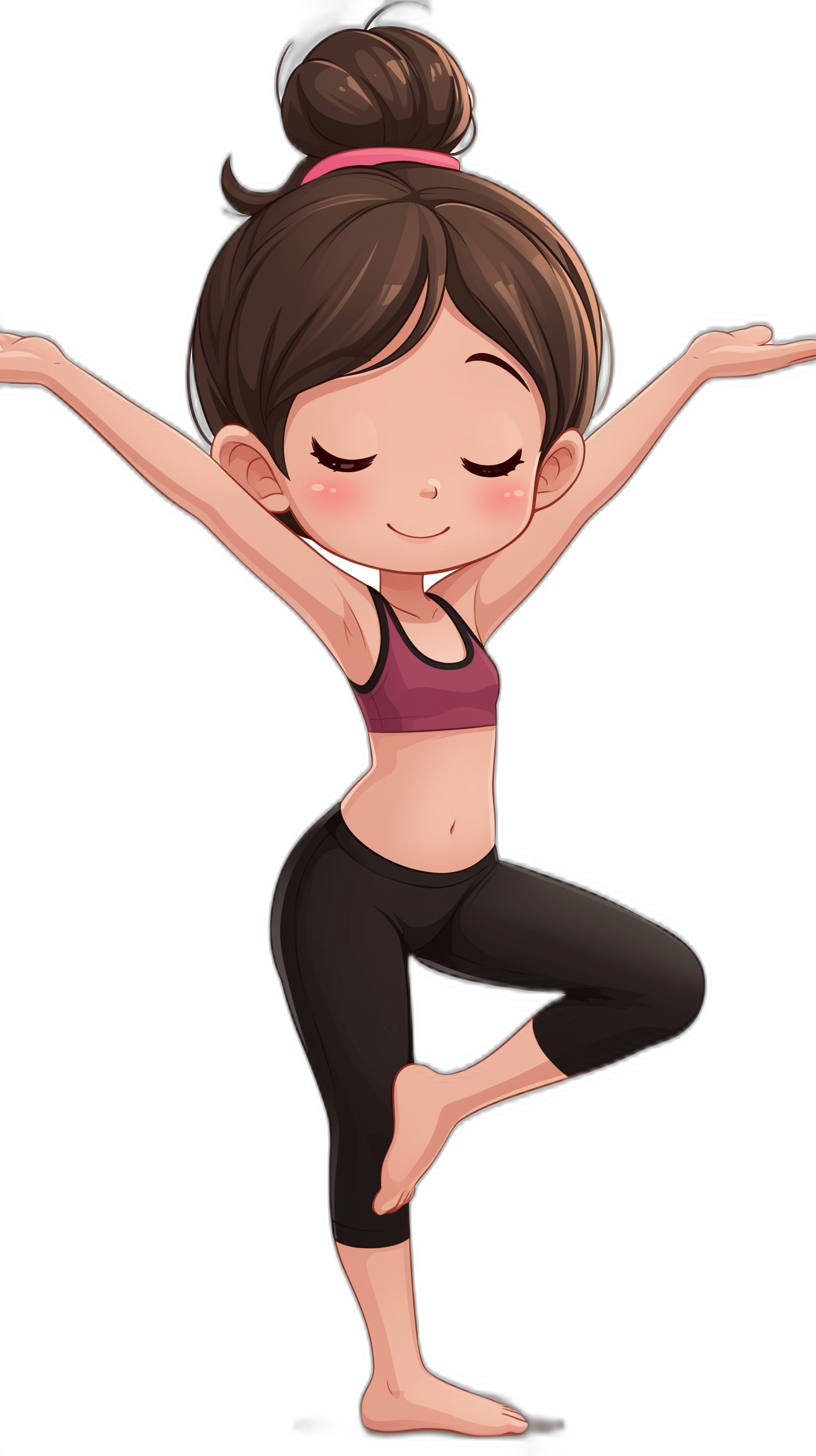 A cute cartoon girl doing yoga with a black background and solid color . She is wearing a pink headband in her hair and has a short brown bun hairstyle. Her arms are raised in the air in a pose with her legs straight up to do the tree pose yoga position. She wears a dark purple top and black leggings with a simple facial expression and cute big eyes.