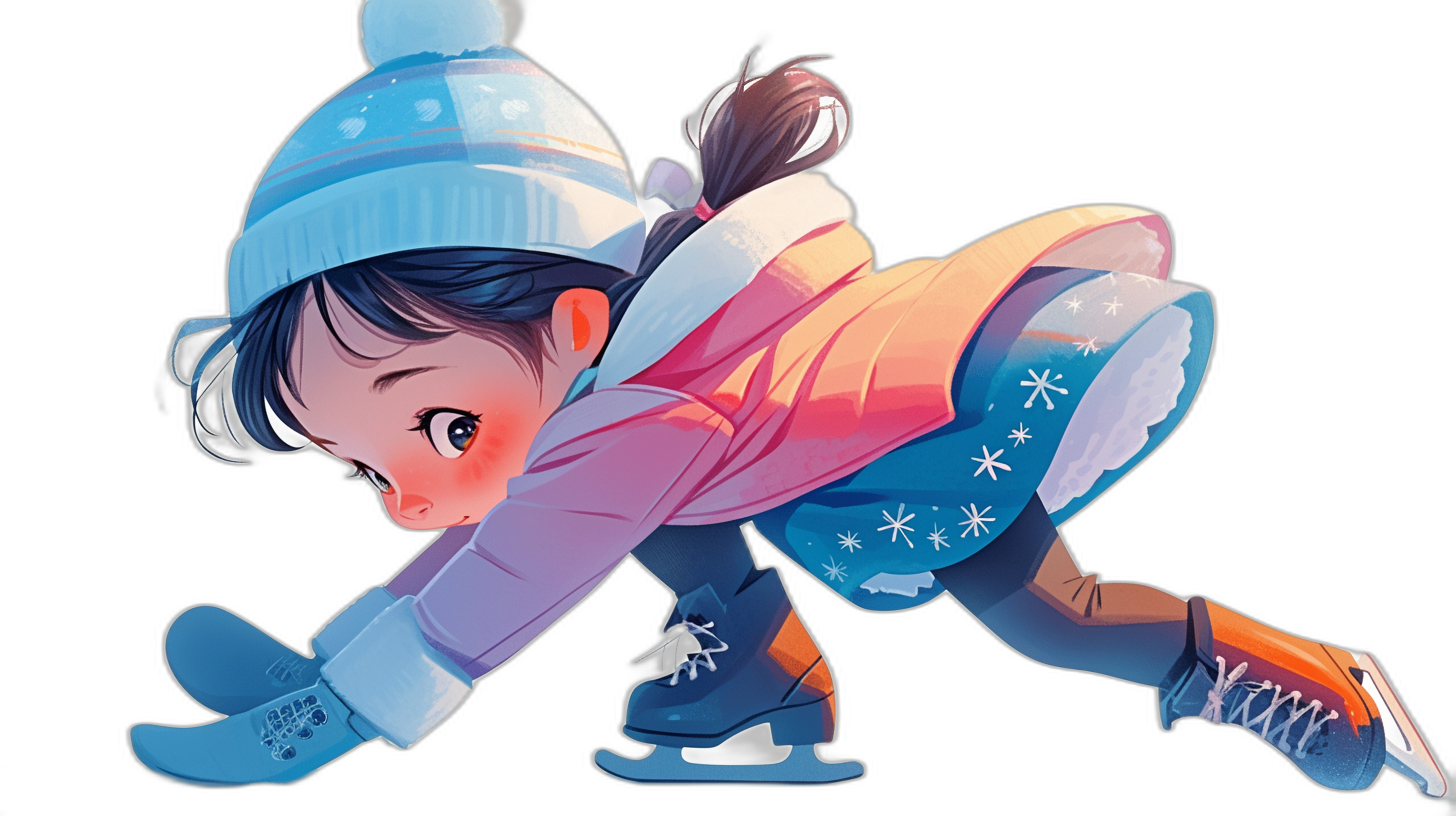 A cute little girl ice skating, wearing skates and winter , in the cartoon style, vector illustration, black background, colorful, high detail, high resolution digital art in the style of [Kawacy](https://goo.gl/search?artist%20Kawacy), no text or symbols in the picture