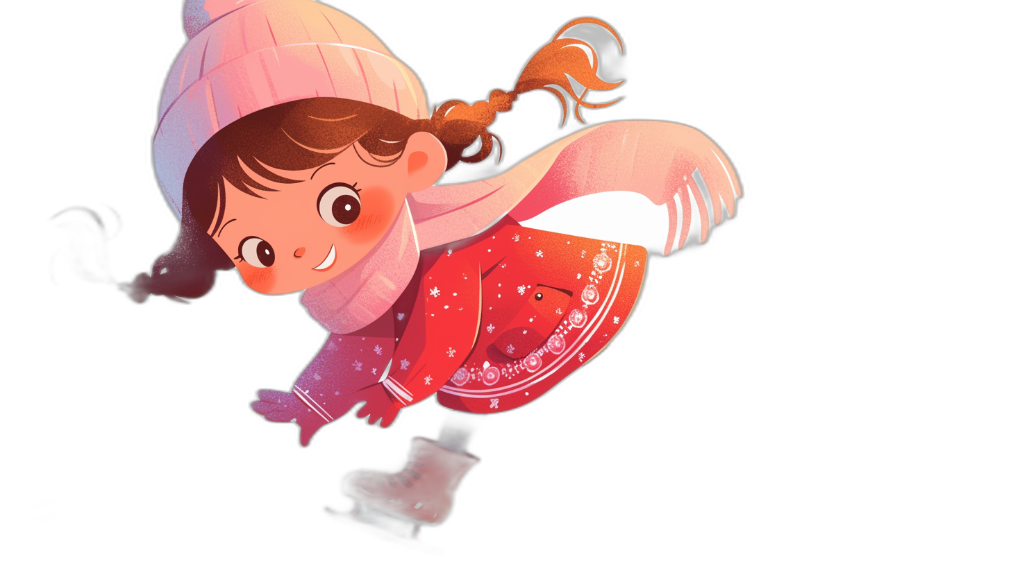 A cute little girl in a red dress and pink scarf is flying with her ice skates on a black background, in the style of a cartoon with simple lines and a flat illustration. The style is reminiscent of a Pixar animation movie poster or Disney character design with high resolution, high details, high quality, high contrast, bright colors, and studio lighting. The image appears to be a 3D rendering at 20K resolution.