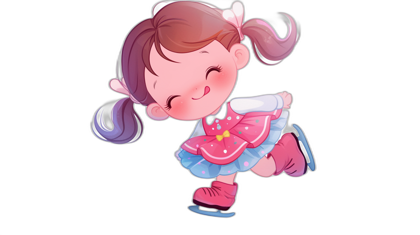 Cute cartoon girl ice skating, wearing a pink dress with blue dots and a white polka dot skirt, with a smiling face, her hair in two ponytails tied into pigtails, in the style of a vector illustration on a black background, high resolution, high quality, high detail, with a cute, adorable, happy expression.