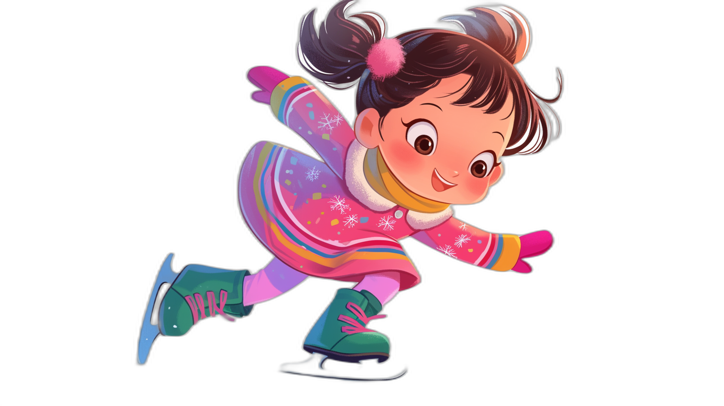 A cute little girl is ice skating, wearing colorful  and smiling happily, in the style of Disney, against a black background, in a flat illustration style, with a cartoon character design using simple lines, shown in a full body shot, with high definition, high resolution, and high detail for the best quality.