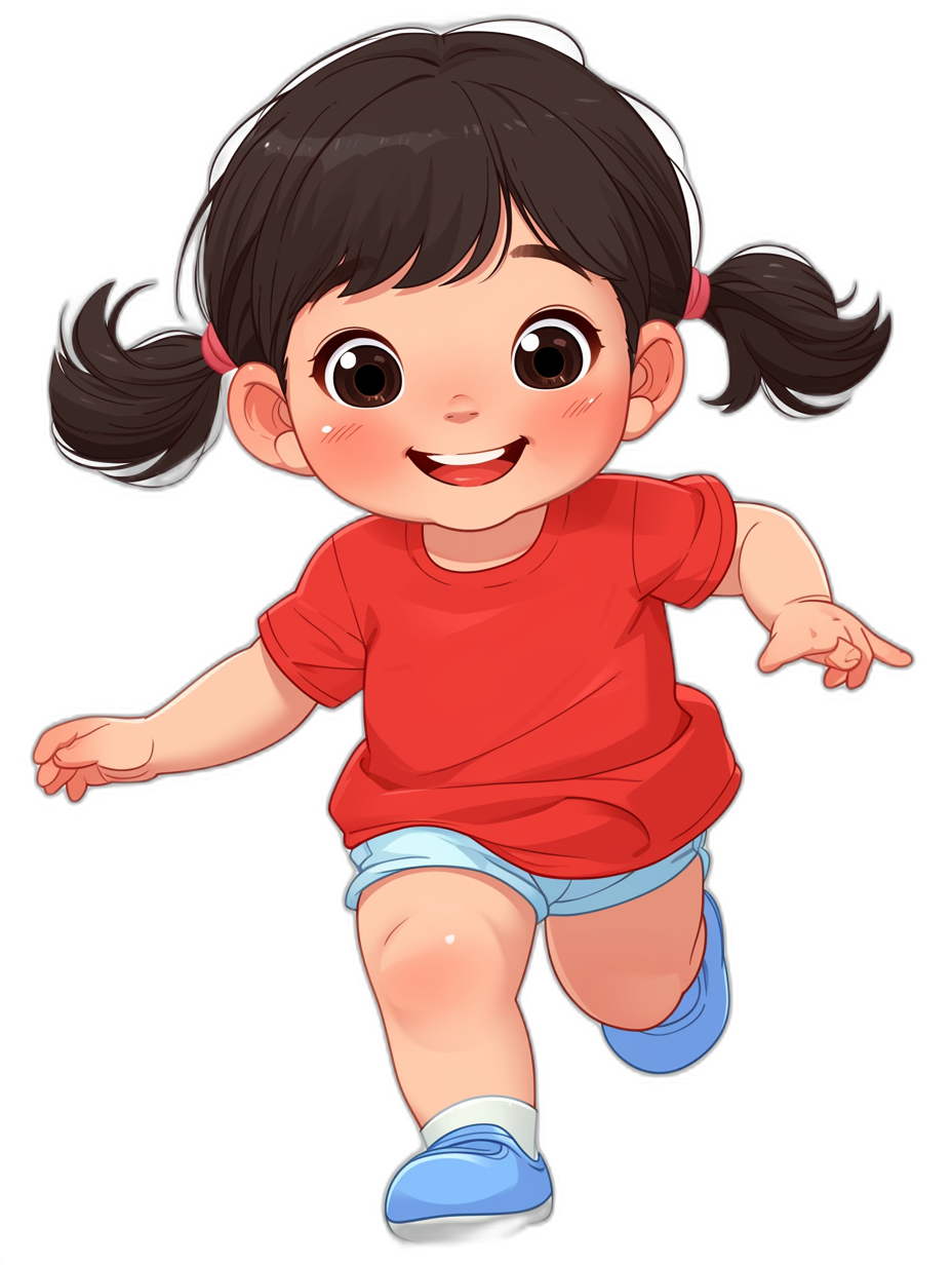 A cute little girl with black hair, wearing red short sleeves and blue shorts, smiling happily while running forward, front view, flat illustration style, pure black background, cartoon character design, full body portrait, vector graphics, high definition details, octane rendering, high resolution.