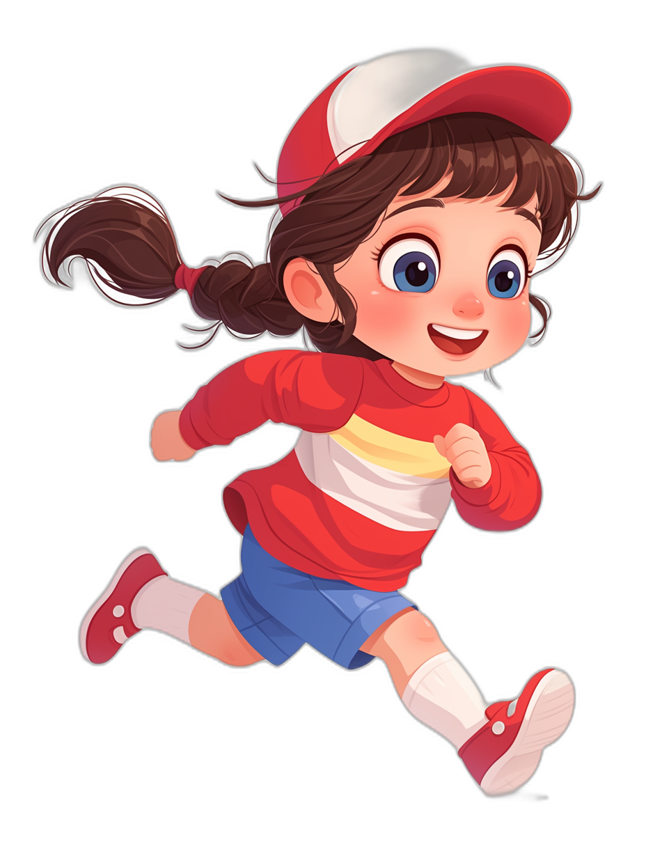 A cute little girl in a red and white shirt, blue shorts, running shoes with socks on her feet, dark brown hair, big eyes, smiling face, wearing a baseball cap, in the style of vector art, cartoon character design, black background, 2D game asset, in the style of Pixar animation, high resolution, detailed.