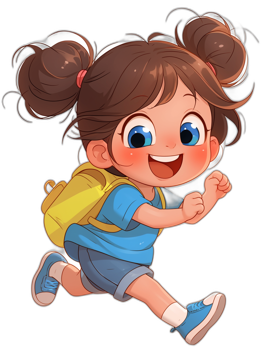 A cute little girl with brown hair in pigtails, wearing blue shorts and an adorable shirt is running happily. She has big eyes and a smile on her face, with a black background color. She’s carrying a yellow backpack. The illustration style should be cartoonish, colorful, and vibrant with high resolution details, in the style of an adorable cartoon.