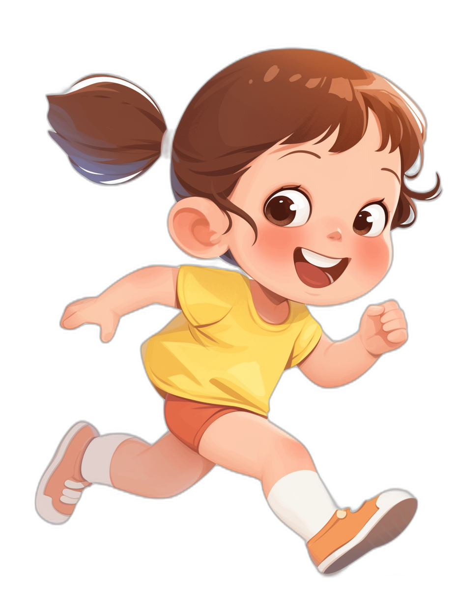 A cute little girl is running, wearing yellow short sleeves and orange shorts with white socks on her feet. She has brown hair tied in two pigtails, big eyes, and a happy expression. The illustration is in the style of Pixar with a black background. The entire body of the character can be seen from head to toe. It has a flat cartoon design with clear lines.