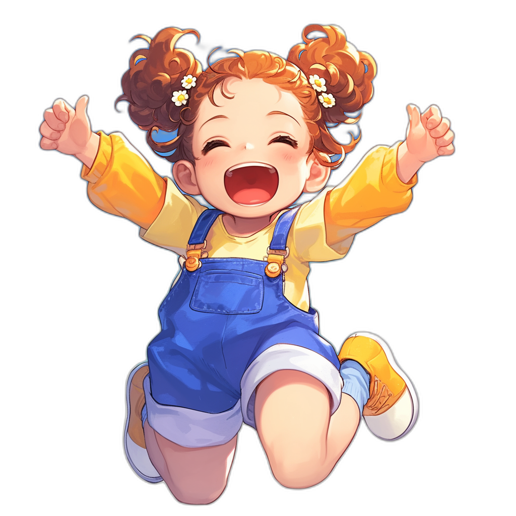 A cute little girl with curly red hair, wearing blue overalls and a yellow shirt, laughing out loud and jumping up in the air against a black background in the style of chibi anime vector art for 2D game graphics of high quality.