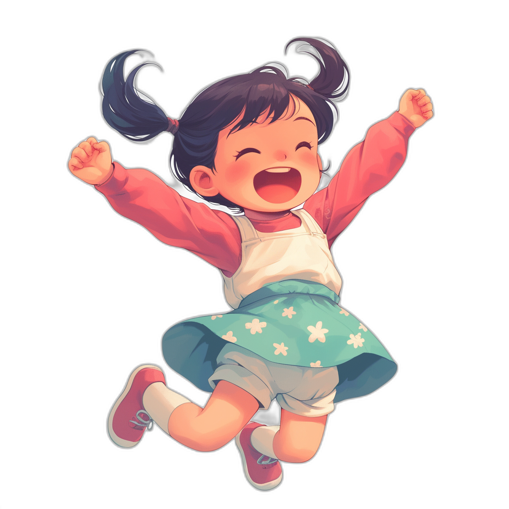 Cute little girl jumping, happy expression, illustration in the style of Chinese style, solid color background, black sky, wearing pink shoes and blue skirt, white vest with small flowers on the collar of her shirt, hair tied in two ponytails, smiling mouth open to reveal teeth, hands raised up high, in the style of Pixar.