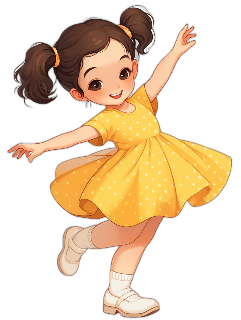 Cute little girl in a yellow dress with white polka dots, brown hair and pigtails dancing on a black background, in the style of chibi, vector illustration, white shoes, white socks, smiling face, big eyes, full body, happy expressions, no outline around the character, solid color background, high resolution, high quality, high detail, cartoon style, simple lines, simple colors, cute and adorable.