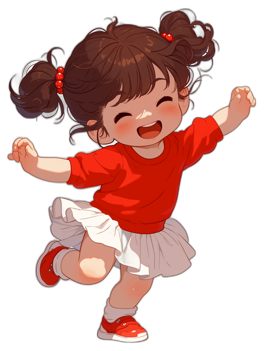 chibi, illustration of little girl with pigtails and red shirt and white skirt running and laughing in the air against a black background in the style of