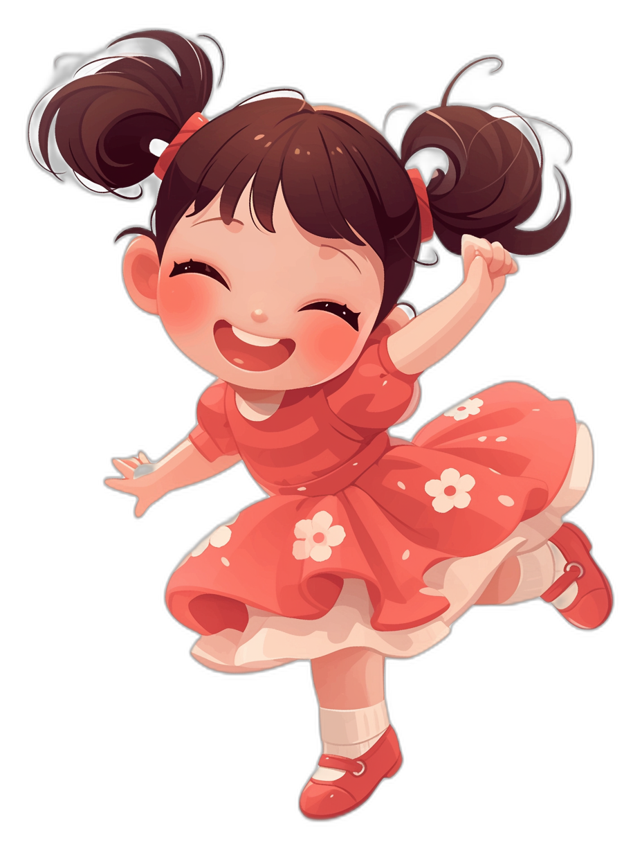 chibi style, cute little girl with pigtails smiling and jumping in a red dress on a black background, vector art, flat design, high resolution, digital painting in the style of hyperrealistic. high quality, high sharpness, high definition, octane render,