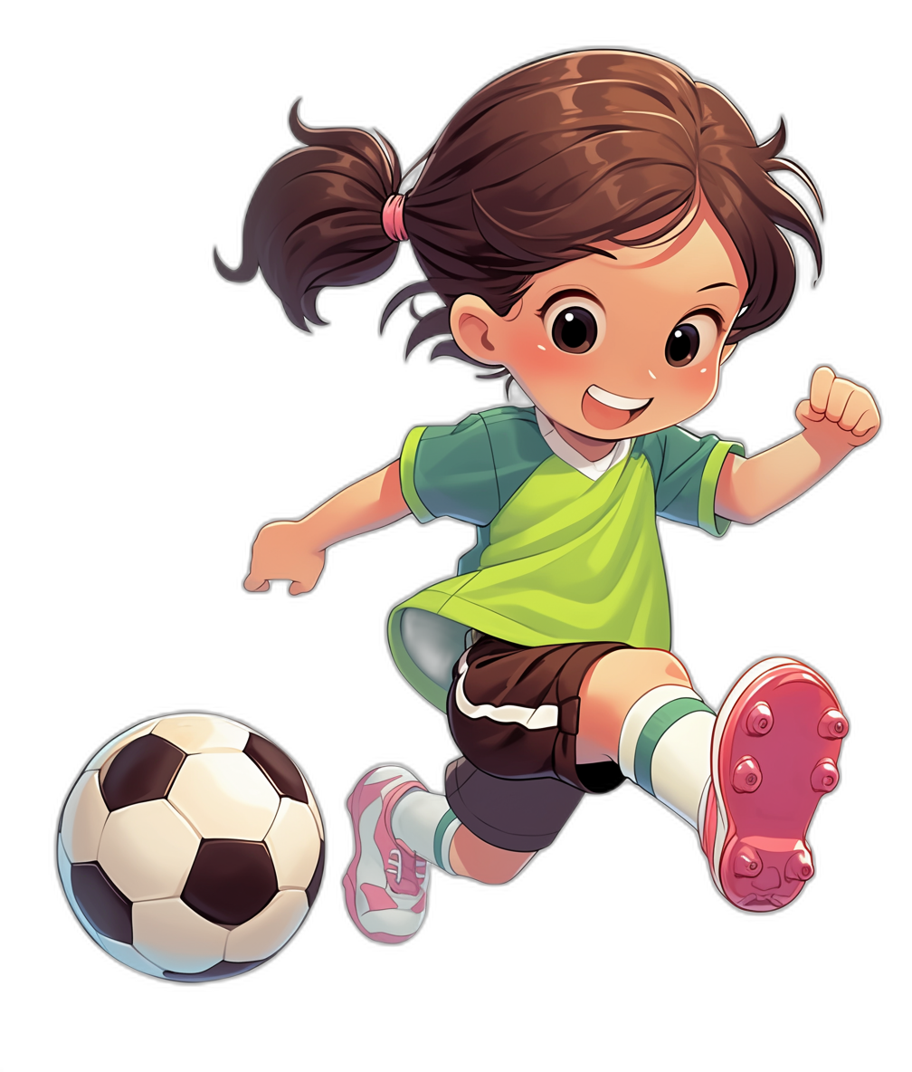 A cute little girl is kicking a soccer ball in the style of [Studio Ghibli](https://goo.gl/search?artist%20Studio%20Ghibli), in a cartoon style, as a vector illustration on a black background. She is wearing a green t-shirt and brown shorts with pink shoes, with big eyes, a smiling face, and short hair in a ponytail.