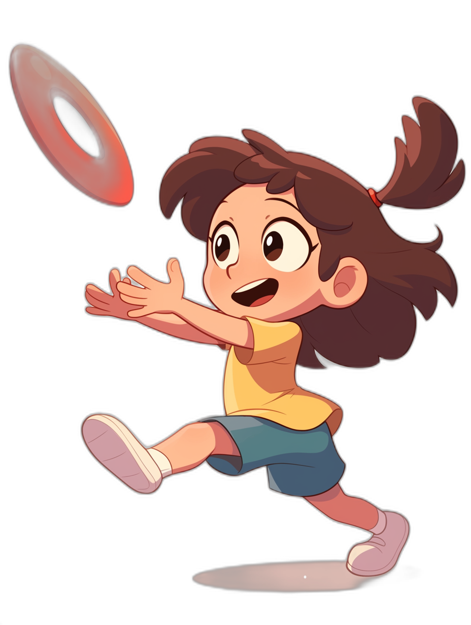 A cartoonstyle girl throwing a frisbee in the animation style of “The Steven Universe show”, on a black background. She has brown hair and is wearing blue shorts with a yellow top. The temporary concept art style creates an atmosphere full of energy and movement. It’s fun, colorful, and dynamic. in the style of [Laurie Greasley](https://goo.gl/search?artist%20Laurie%20Greasley), [Greg Tocchini](https://goo.gl/search?artist%20Greg%20Tocchini), and [Skottie Young](https://goo.gl/search?artist%20Skottie%20Young).