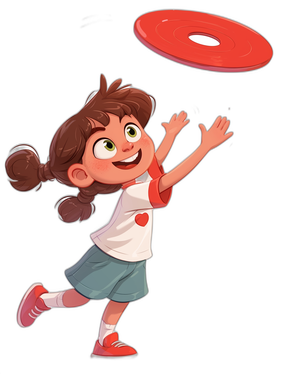 A cute happy girl with brown hair in pigtails is playing frisbee in the style of a cartoon, with a simple illustration for a children’s book. It is a full body shot against a black background, with a red frisbee disc flying towards the camera. The girl is wearing red sneakers, a white shirt and a blue skirt.