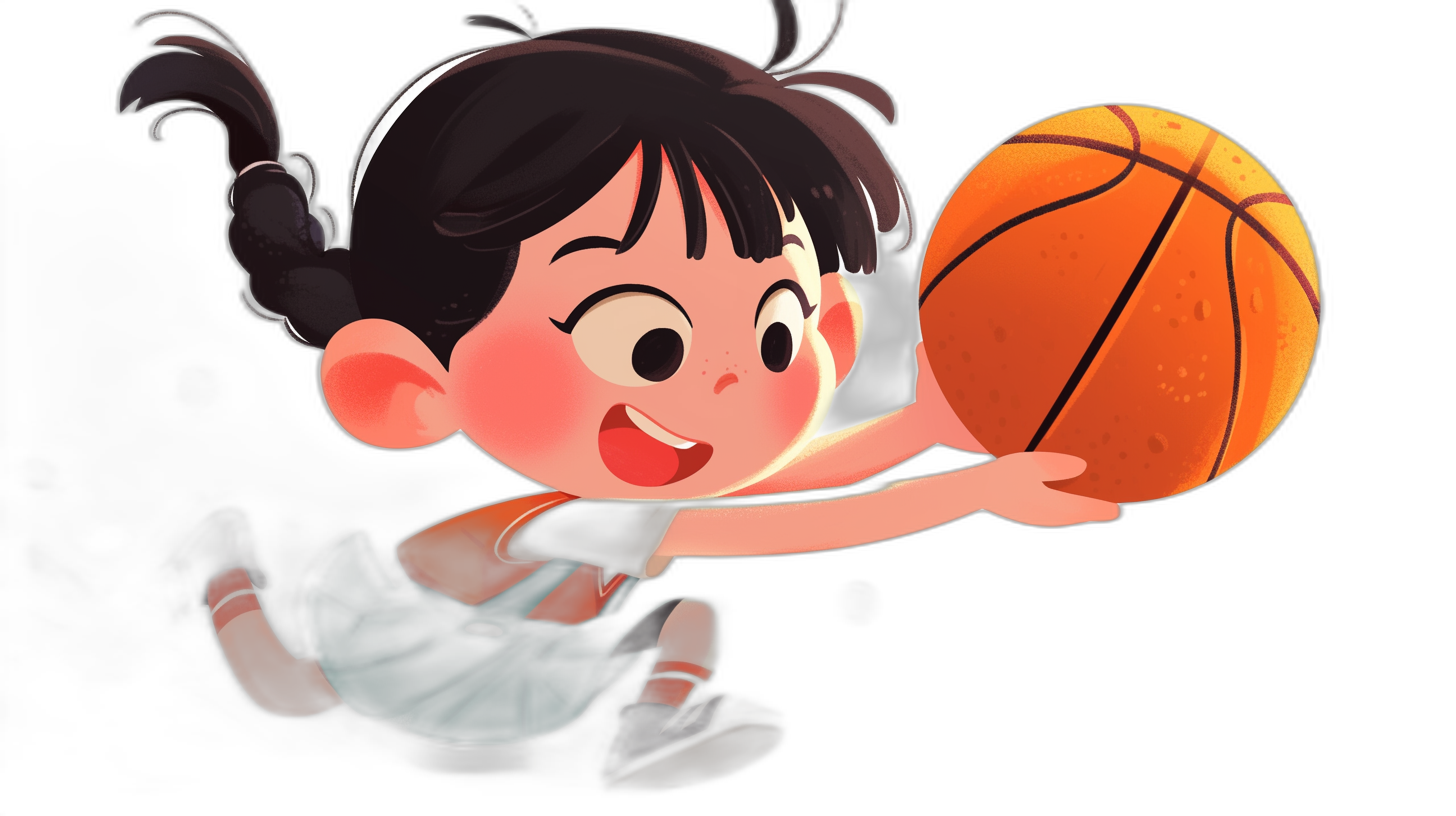 A cute little girl is playing basketball, smiling happily, wearing an orange and black uniform with short hair, holding the ball in her hand, in the style of a vector illustration, in the style of a Disney cartoon character design, with a black background, at a high definition resolution, with bright colors, warm lighting, and lively movements.