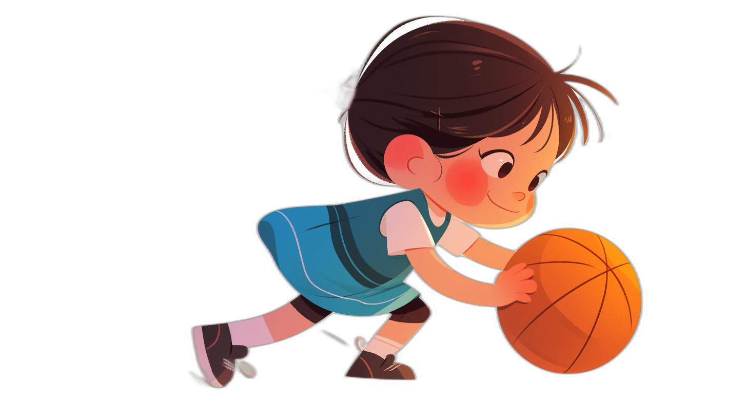 A cute little girl in a basketball uniform is playing with the ball. This is a simple flat style illustration with a black background and cartoon character design in the style of 2D game art. The art has a cartoon style with simple details and high quality, resolution, detail, and definition.