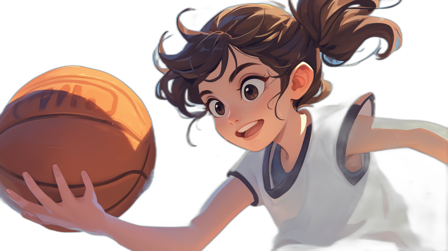 A happy young woman playing basketball, in the style of [Studio Ghibli](https://goo.gl/search?artist%20Studio%20Ghibli) anime, on a black background, a close up portrait, simple and clean, digital art, detailed character design, flat color application, high contrast shading, high resolution