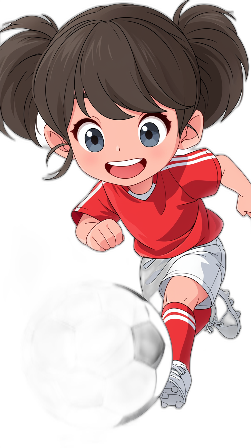 A cute little girl in a red t-shirt and white shorts playing football in the style of anime with a character design, on a black background, with big eyes, a happy face, in a cartoon style, of high quality, high resolution, with detailed rendering, showing her full body, in a jumping pose, wearing long socks, with dark brown hair and bangs. She has short curly hair tied into two pigtails. The illustration is designed in the style of Japanese manga, and the character’s expression should be lively and cheerful. There must not be any shadows on her head or .