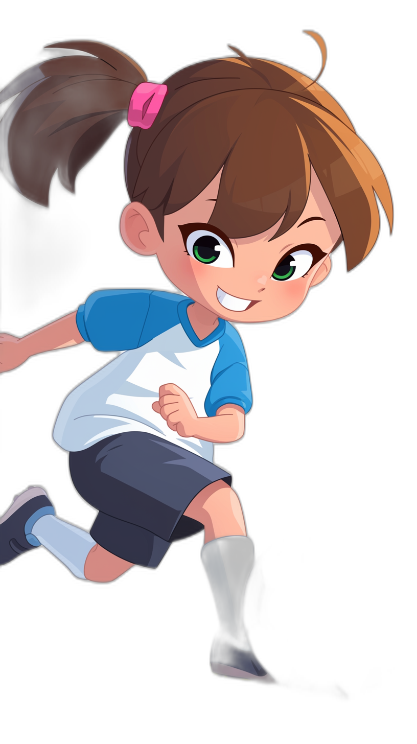 Cartoon girl in a blue and white jersey, in a running pose, against a black background, with simple facial expressions, with a cute cartoon character design, as a full body portrait, with short brown hair and a pink ponytail on her head, wearing dark grey shorts, light purple socks, and running shoes, in high definition.